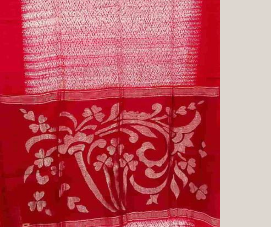 White & Red Matka Silk saree with handwoven Jamdani silver zari weave on muslin silk anchal