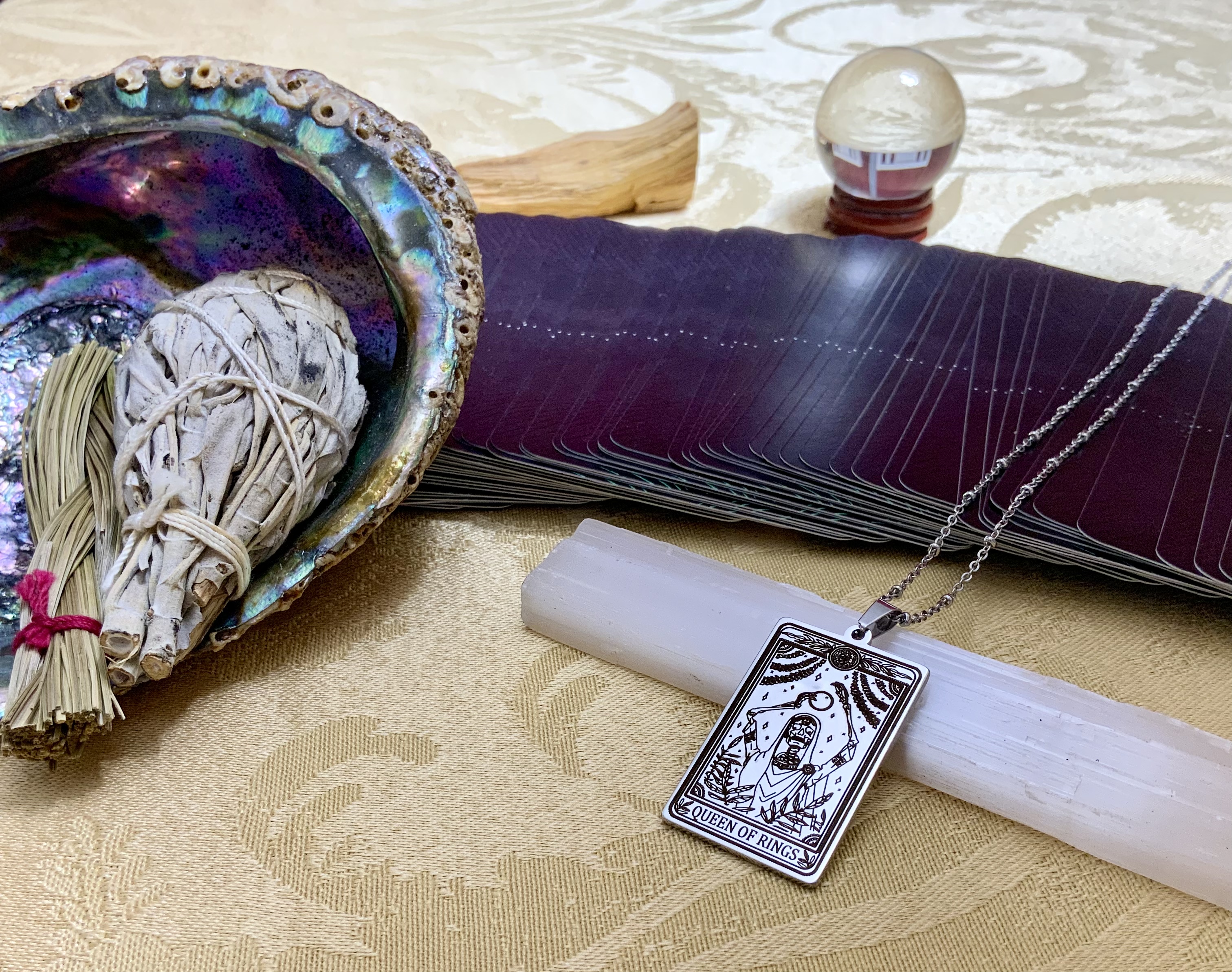 Silver Tarot Necklace - The Queen of Rings Tarot Card Necklace Pendant - Silver Tarot Jewelry