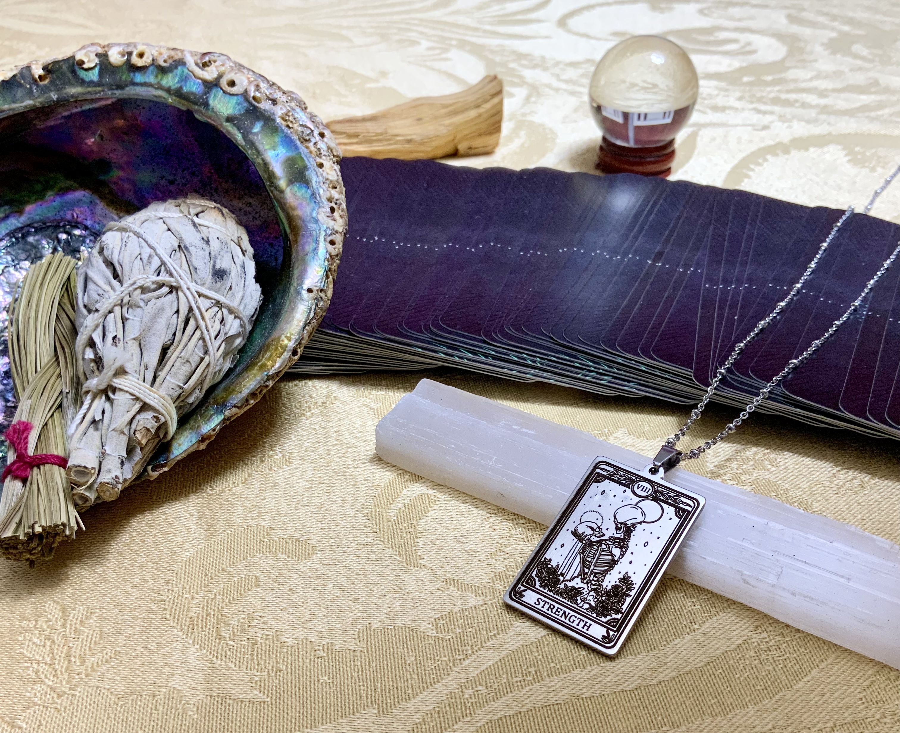 Skull Tarot Necklace - Strength Tarot Card Necklace Pendant - Silver Tarot Jewelry