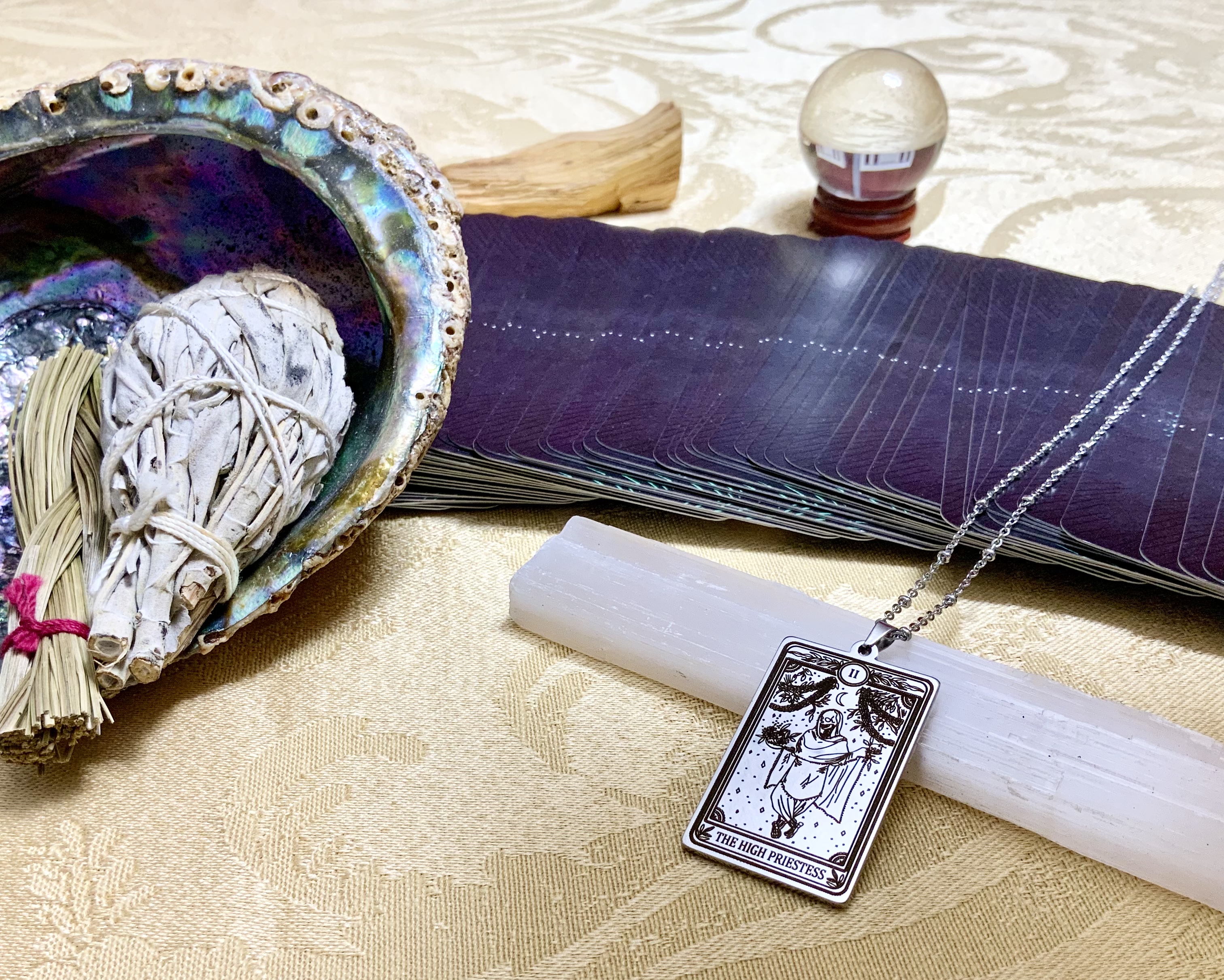 The High Priestess Tarot Card Necklace Pendant - Silver Tarot Jewelry - Skull Tarot Cards