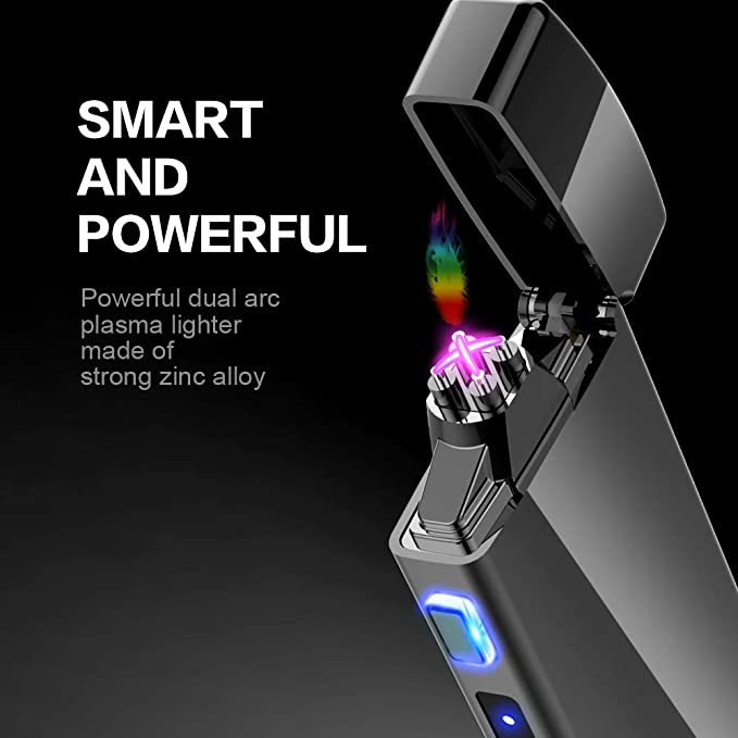 Dual Arc Plasma Lighter Electric Flameless Windproof USB Rechargeable Lighters With LED Power Display