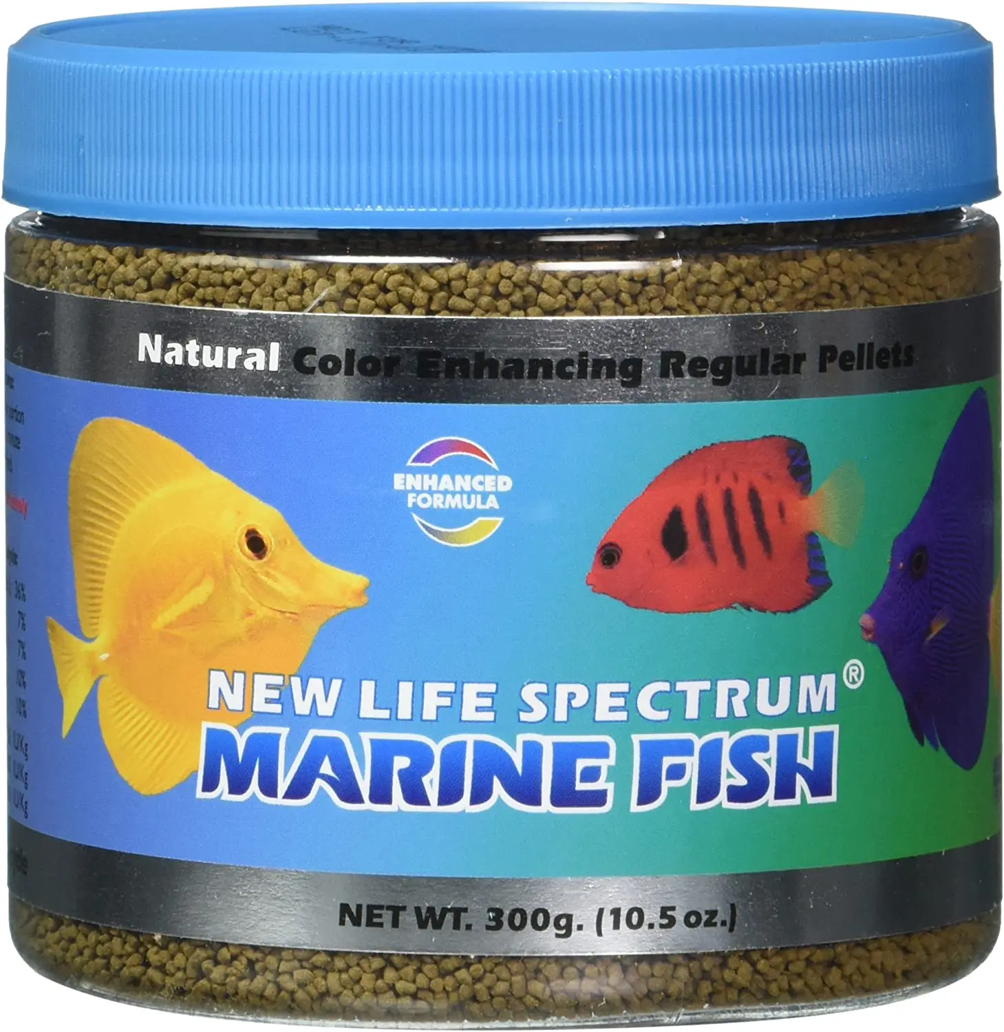 A clear plastic tub with a blue label with tropical fish and a blue screw top.