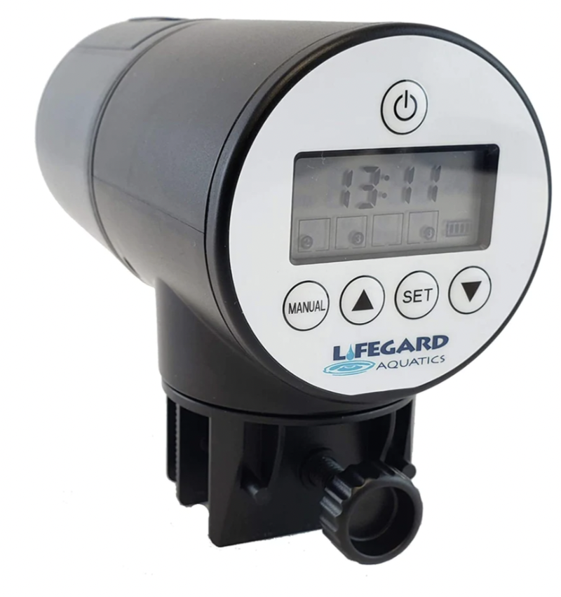 Black Fish Auto Feeder With Long Life Lithium battery With buttons to control feedings