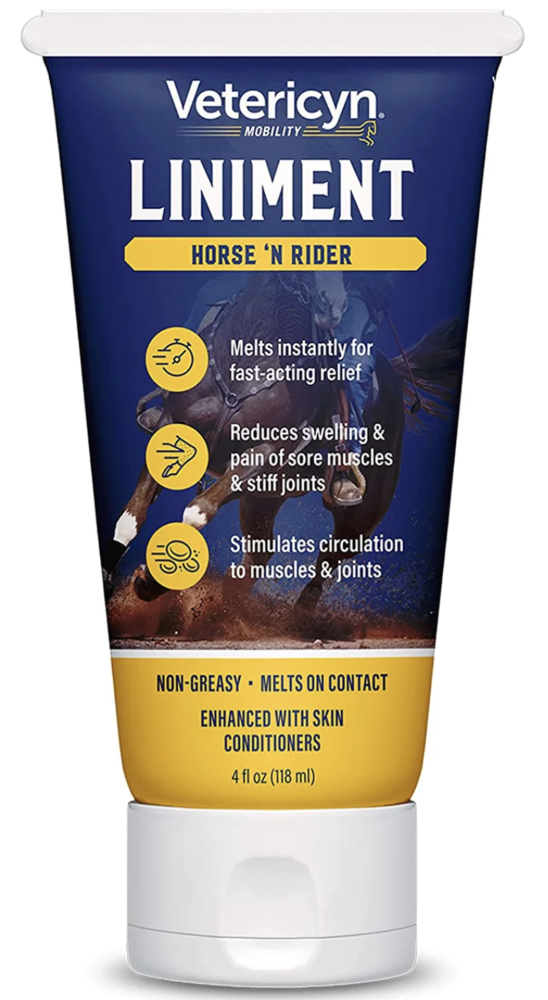 Blue and yellow bottle that stands on its lid. Horse riding in the background. Package is filled withVetericyn Horse and Rider Liniment for Fast-Acting Relief.