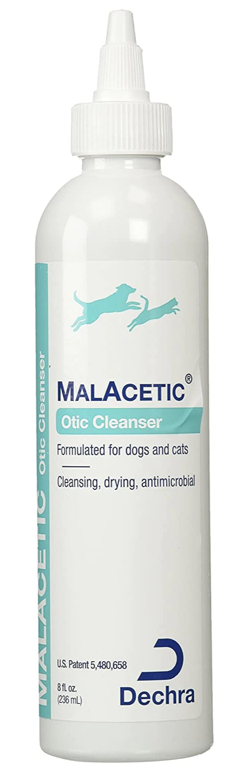 White Bottle With a drip cap. Light blue accent with a dog and cat leaping on label. ContainsMalAcetic Otic Antimicrobial Drying Ear Cleanser for Pets