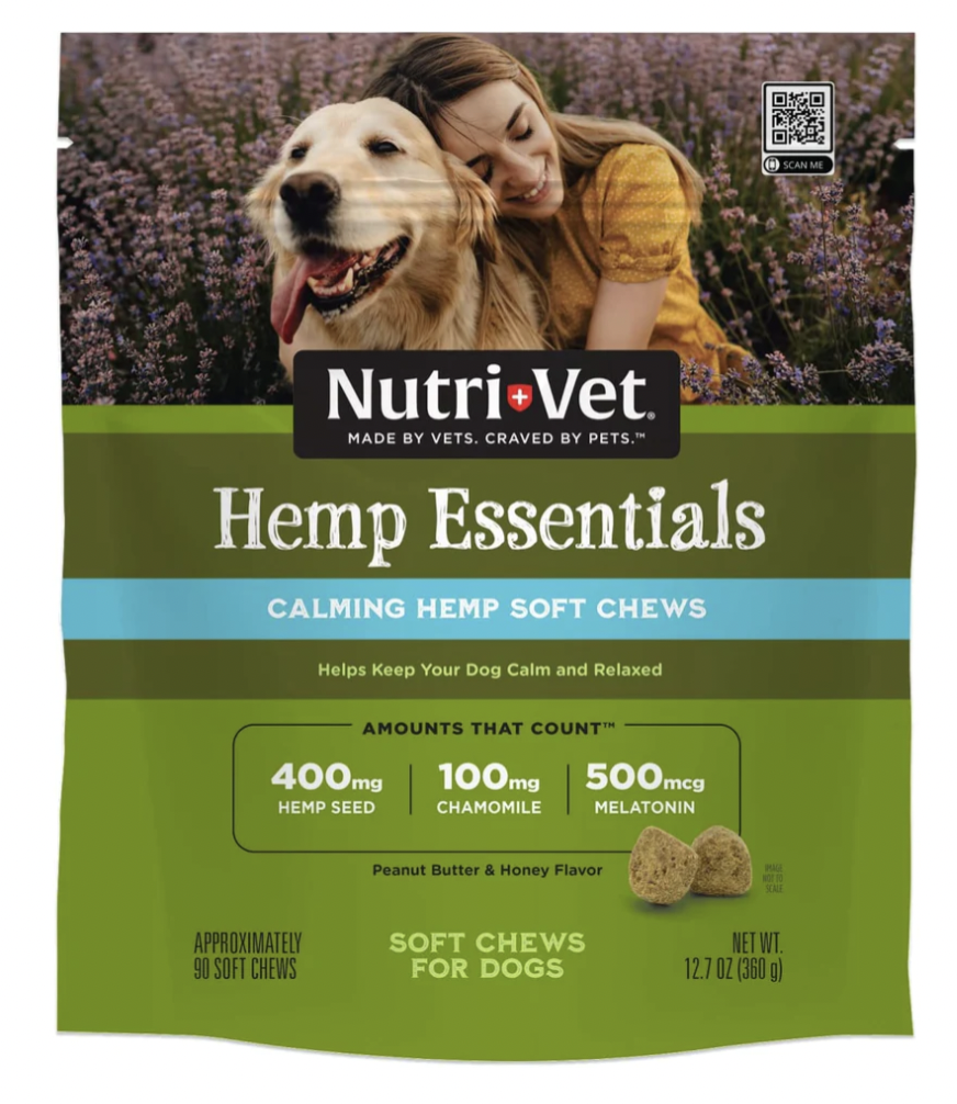 Green packaging with a women holding a golden retriever filled with Nutri-Vet Hemp Calming Soft Chews for Dogs 12.7 oz.