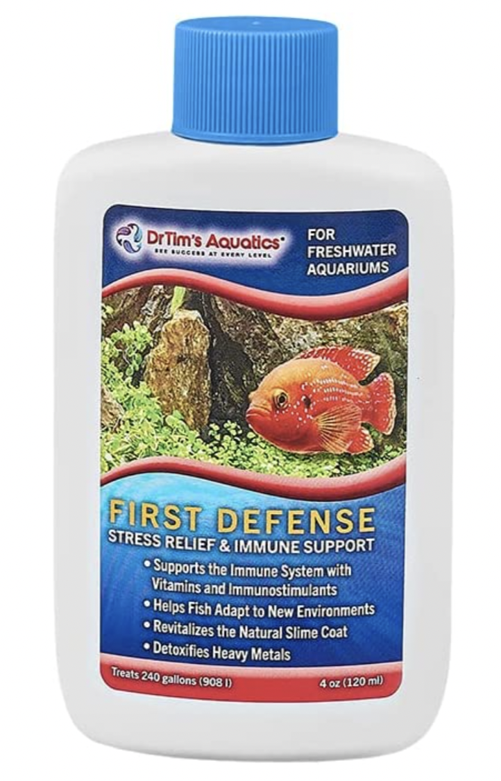 White bottle with blue lid and blue label that is Dr Tim’s Aquatics First Defense for Freshwater Aquariums 4 oz.