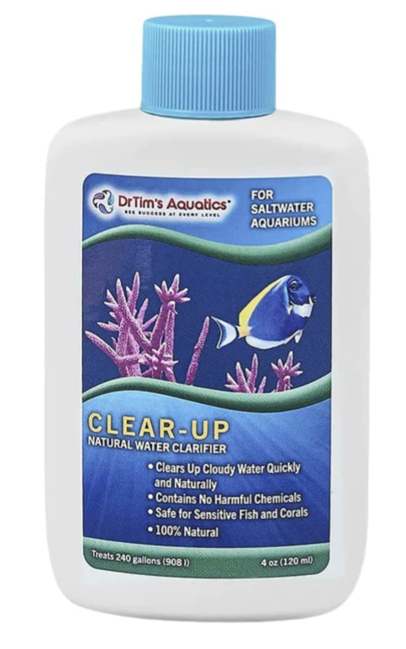 White bottle with blue lid and blue label with a blue and yellow fish on bottle filled with Dr Tim’s Aquatics Saltwater Clear-Up Natural Water Clarifier 4oz.