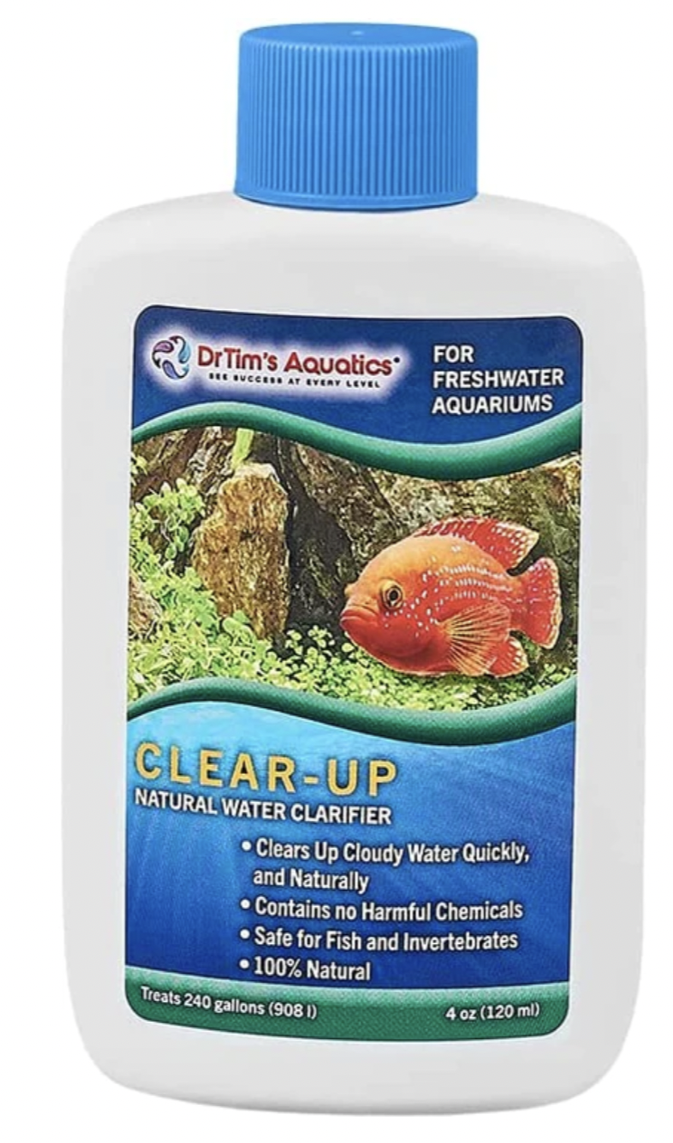 White bottle with blue lid and blue label filled with Dr Tim’s Aquatics Freshwater Clear-Up Natural Water Clarifier 4oz.