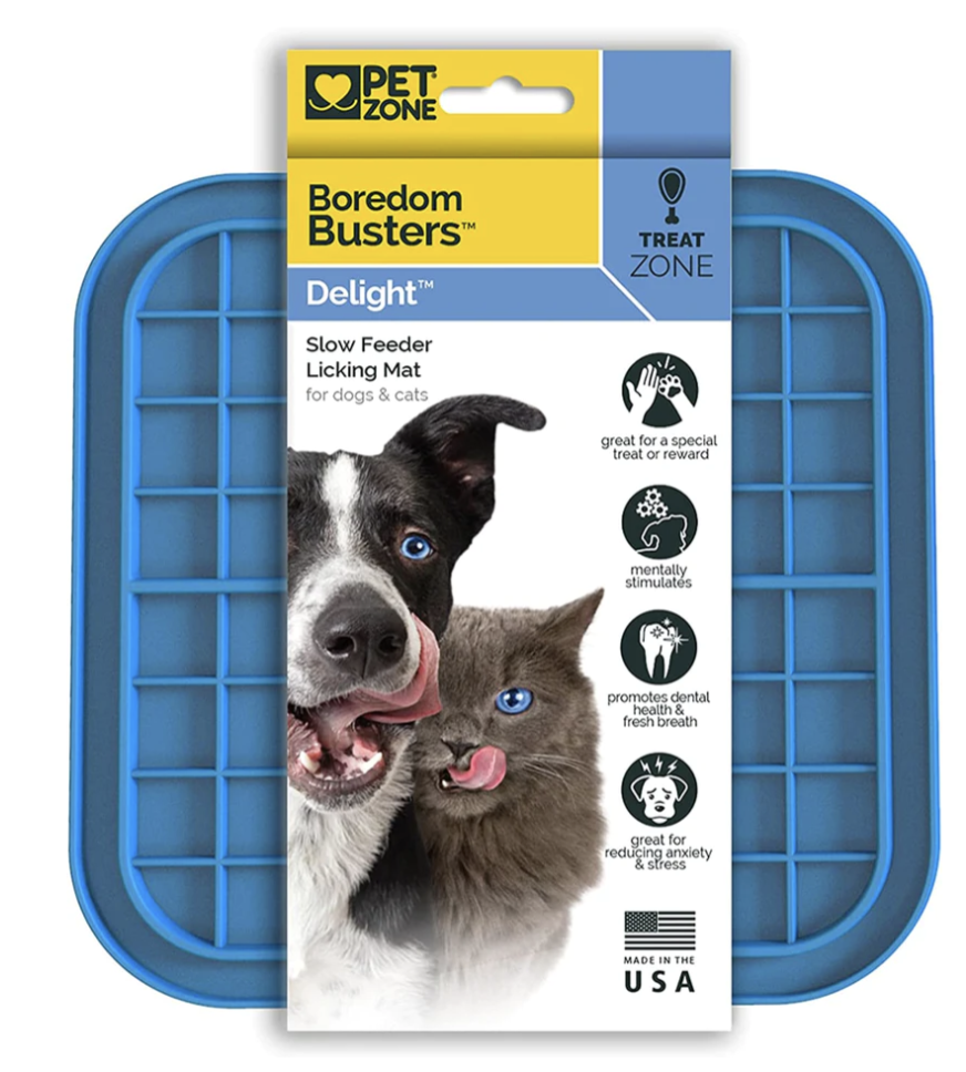 Blue slow feeder lick pad for dogs and cats with square holes  