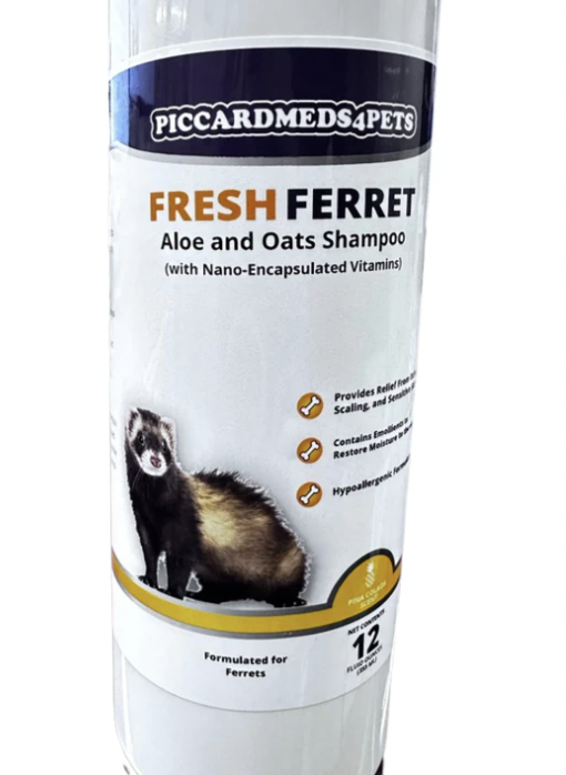 Piccard Pet Label shampoo for ferrets that is made from aloe and oats. White bottle with purple accent label with a ferret on it.