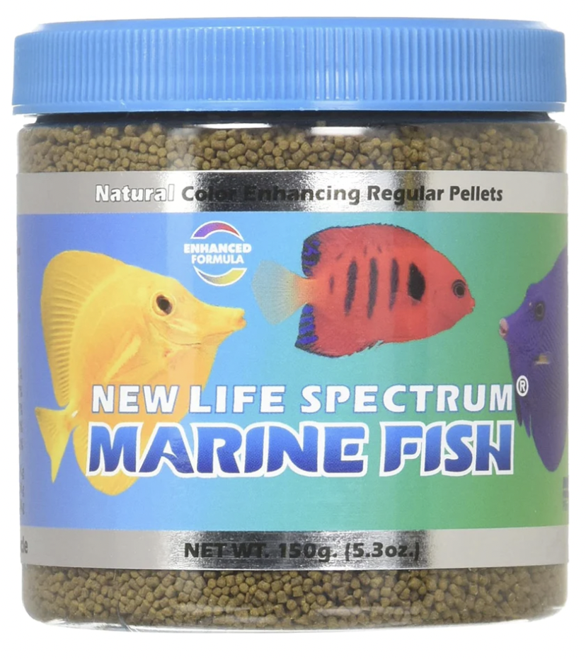Clear container with a blue lid and blue label that has a red and yellow fish on it. Filled with New Life Spectrum Marine Fish Tropical Food Pellets 150g