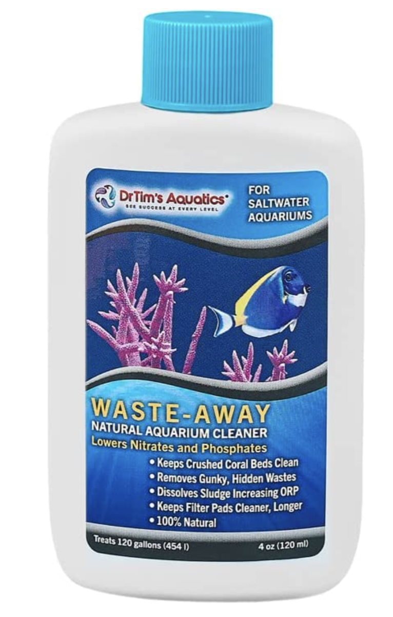 White bottle with a blue screw cap and blue label with a purple plant and blue fish that contains DrTim’s Aquatics Saltwater Waste-Away Aquarium Cleaner 4 oz.