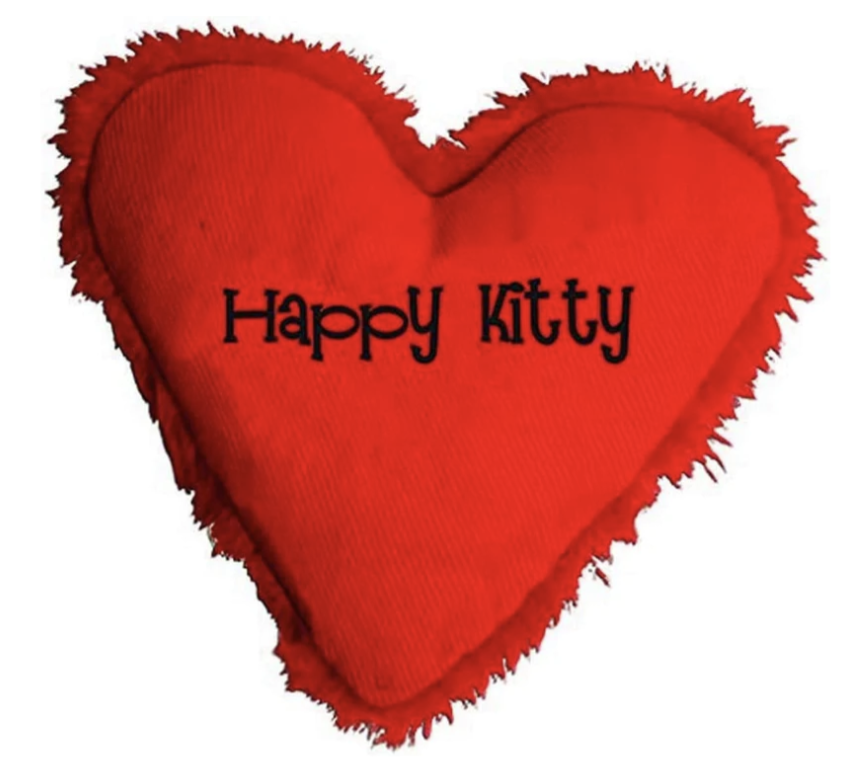 A red heart shaped cat toy filled with catnip that says happy kitty!