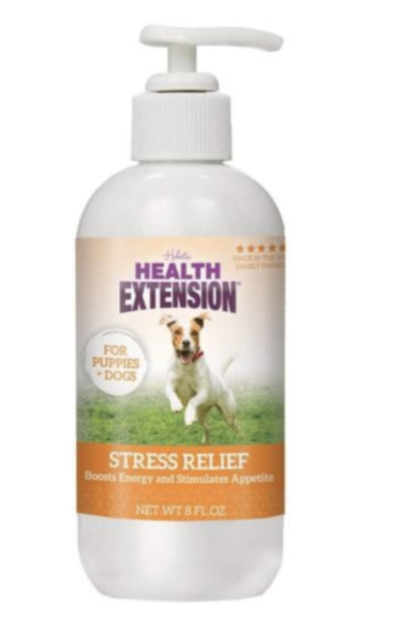 White bottle with a pump. A tan and orange label with green grass accent and a dog running filled with Health Extension Stress Relief Drops Supplement for Dogs 8 oz.