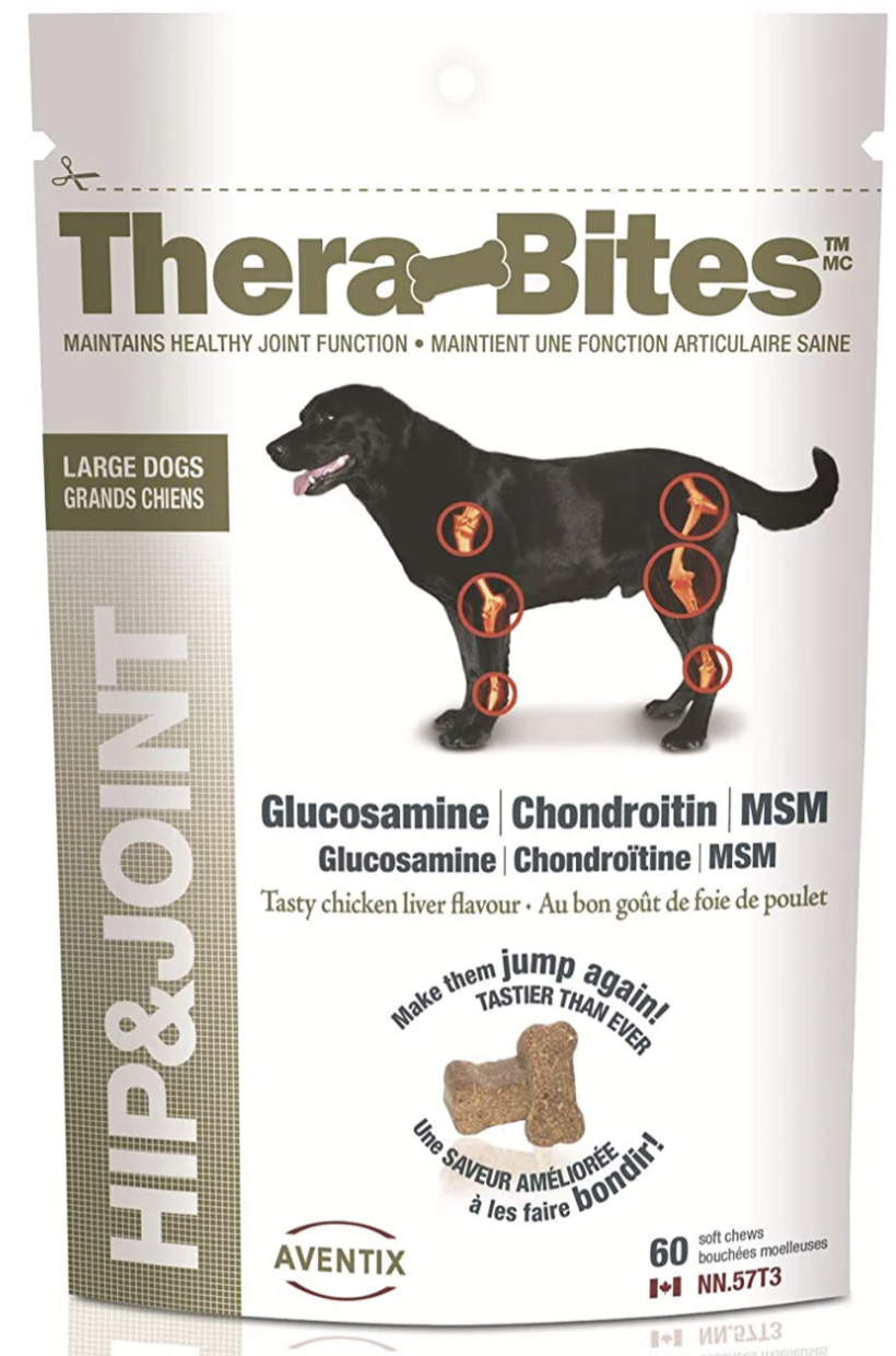 White bag with brown accent and brown dog Filled with Aventix Thera-Bites Hip and Joint Chews Large Dog 60ct