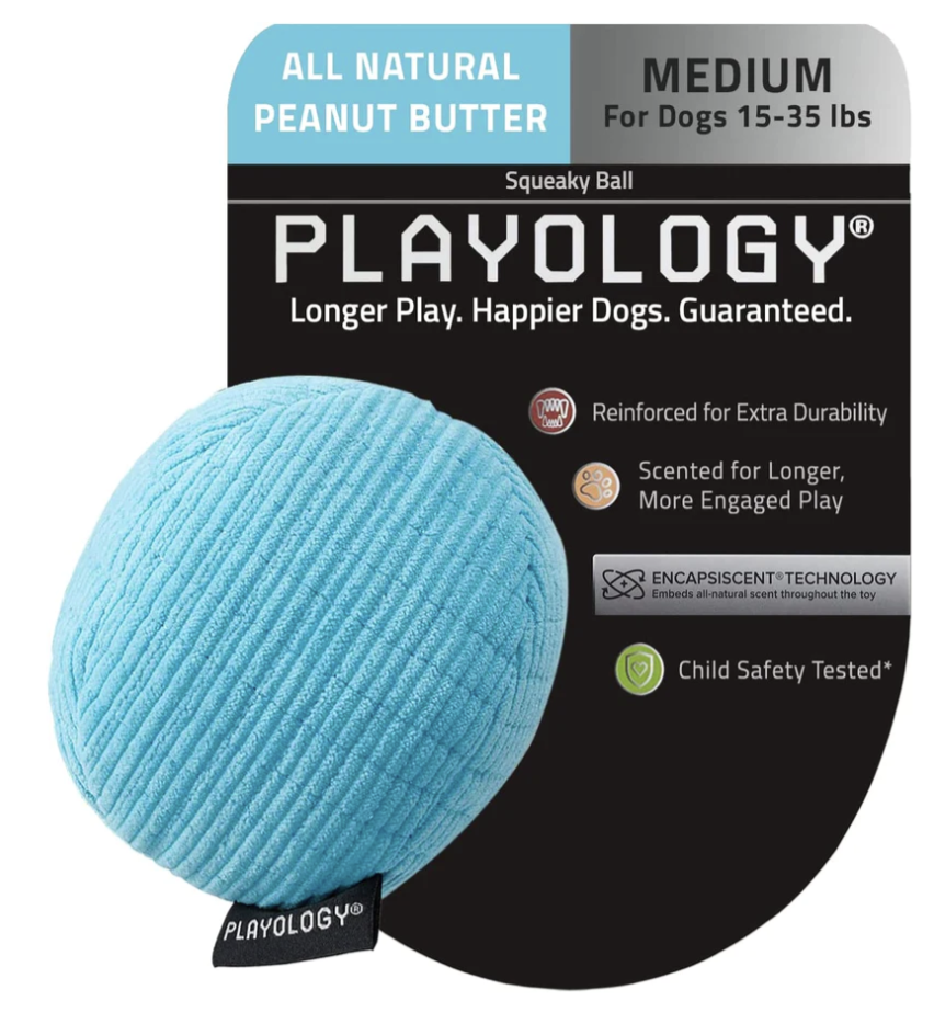 Black and blue cardboard packaging with blue squeak ball by playology attached