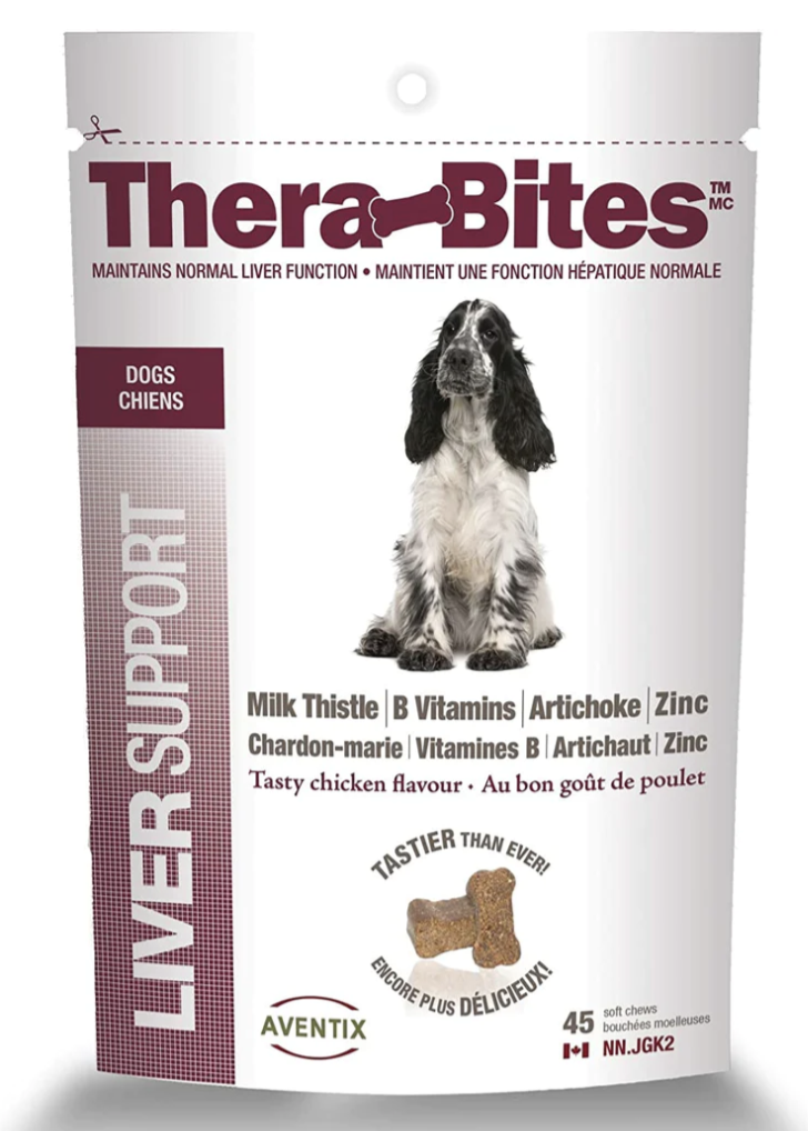 White package with a red brown accent and a dog on the front filled with Aventix Thera-Bites Healthy Liver Support Chews for Dogs 45ct