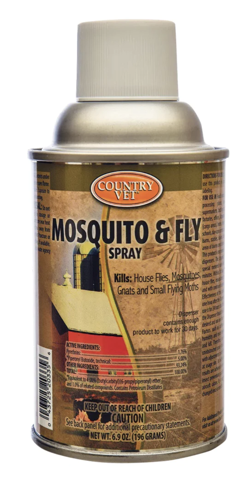 A brown metal spray can that contains country vet mosquito and fly repelant