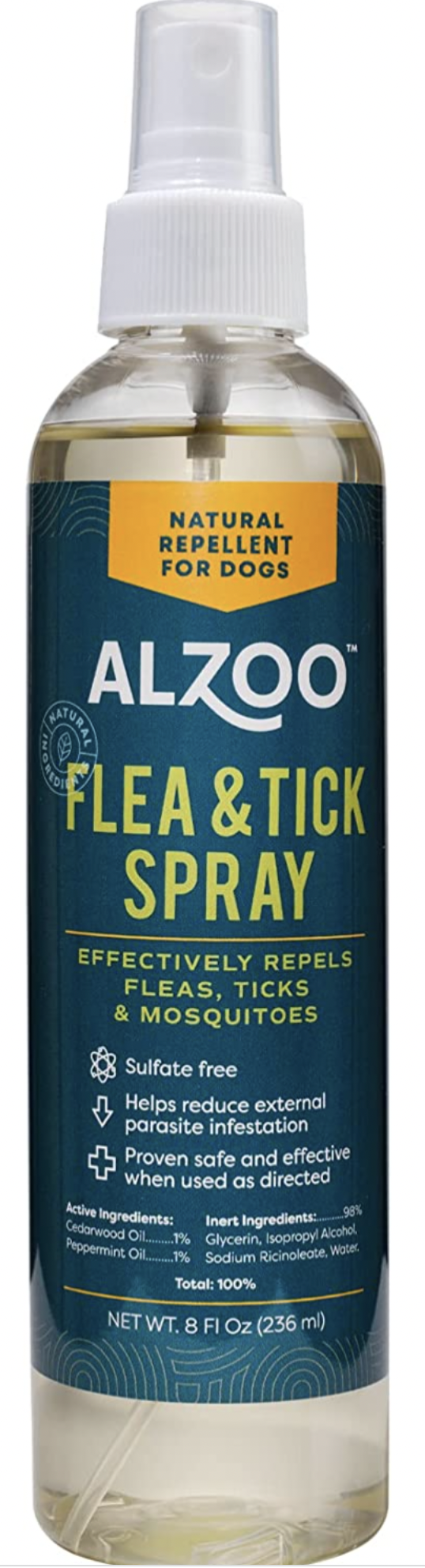 Clear bottle with blue/green label filled with Alzoo Flea and Tick Natural Repellent for Dogs Spray 8oz.