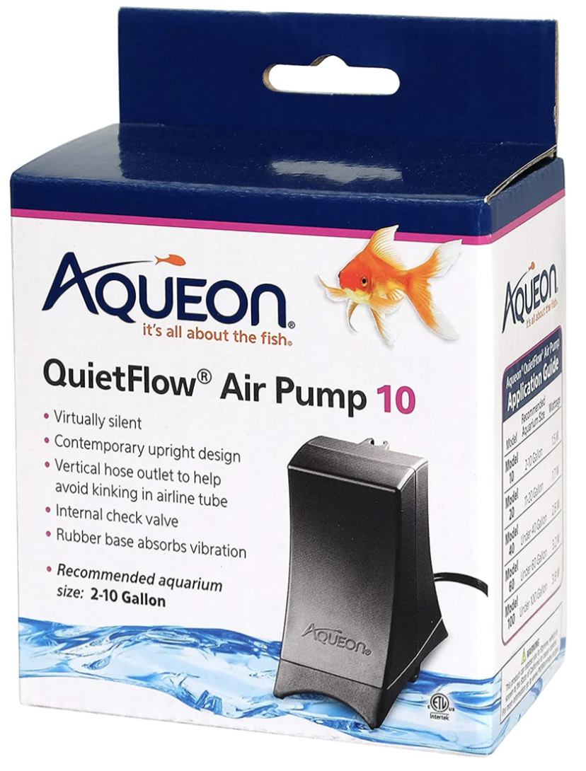 White box with dark blue top that contains Aqueon QuietFlow 10 Aquarium Air Pump, 2-10 Gallons