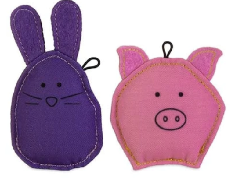 Purple bunny and pink pig cat toy