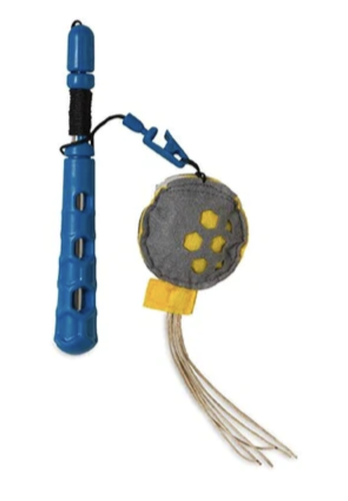 Blue toy that vibrates to mimic prey  with grey and blue toy attached to end of string with frillys 