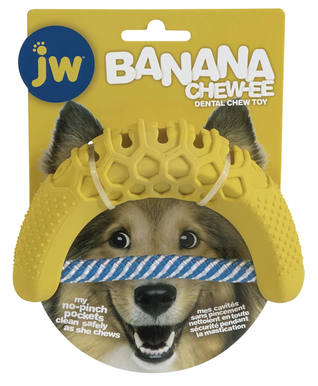Yellow packing with dog that is holding the banana chew dental dog toy