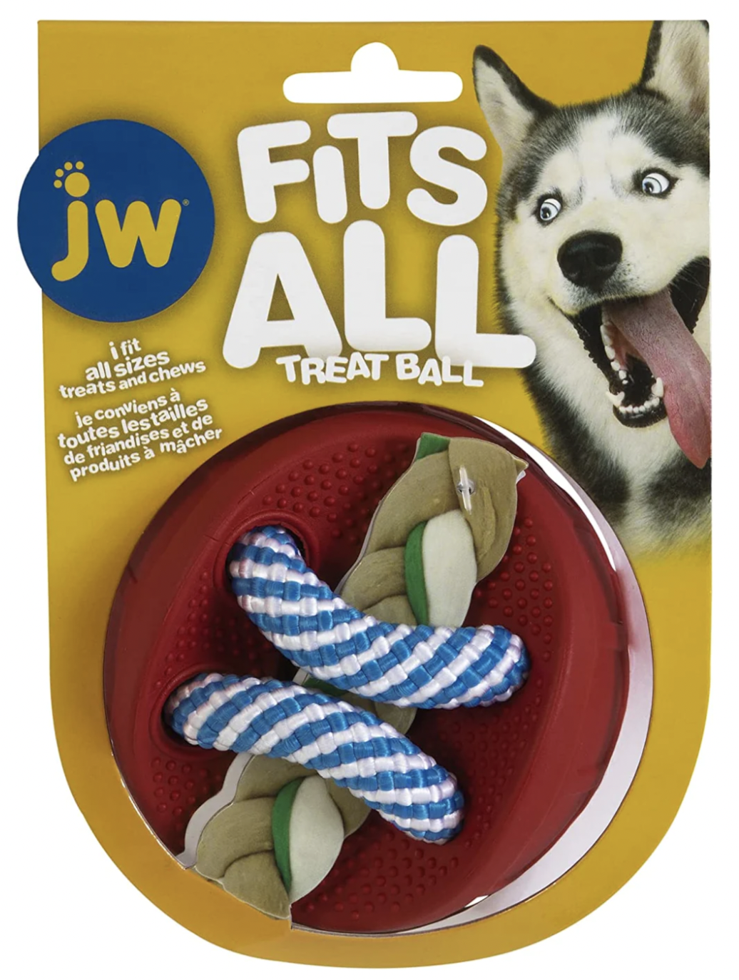 yellow packing with husky playing on it. Holding red ball with blue rope that holds treat