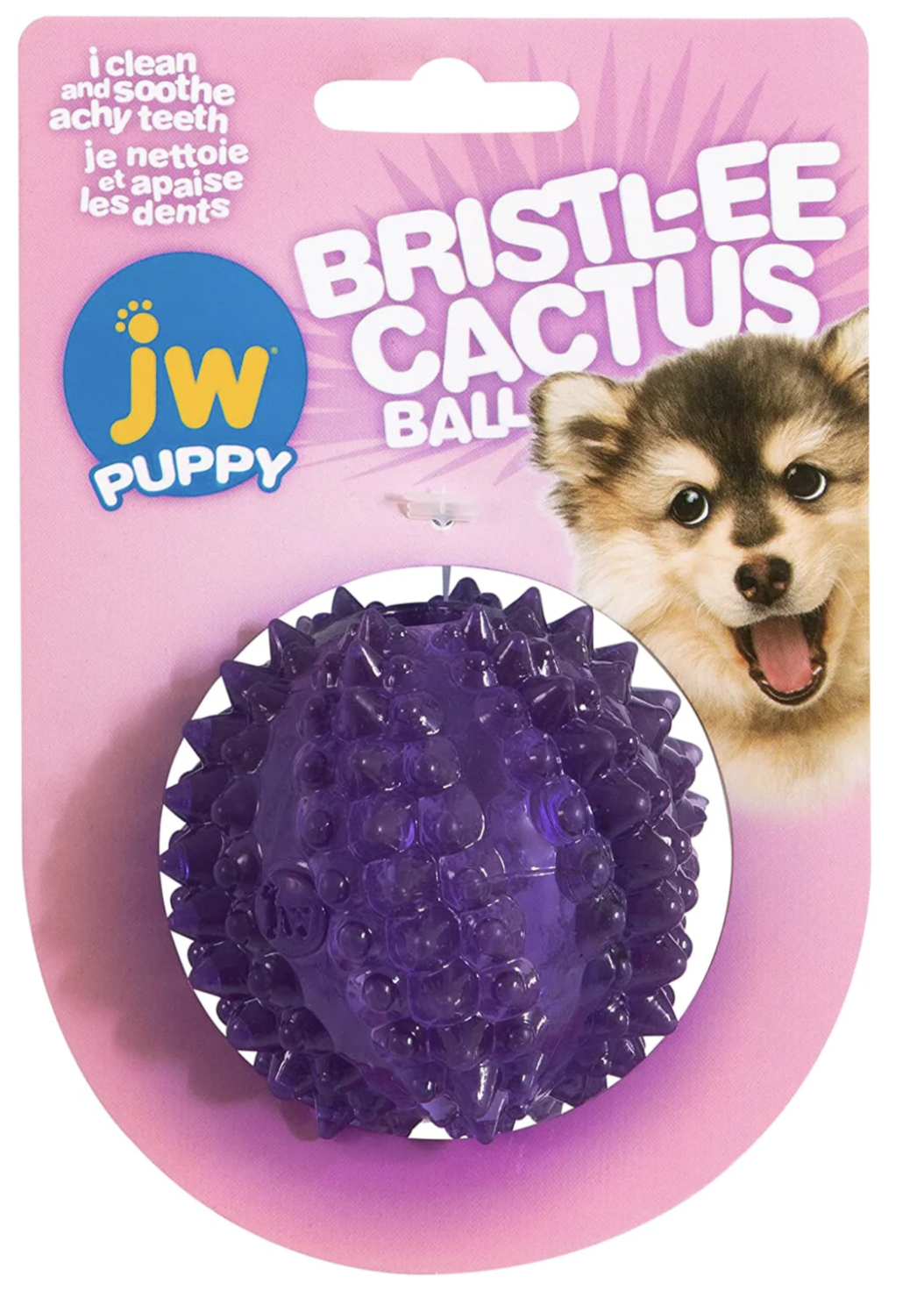 purple spikey ball with pink packaging 