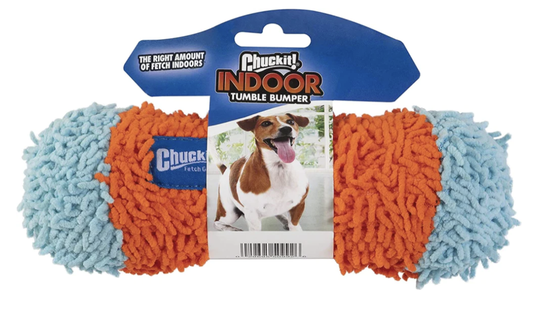 Blue and orange shaggy toy with a blue and white packaging