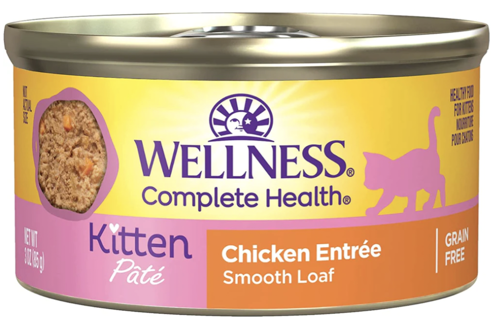 Can of wet cat food from wellness flavored chicken pate