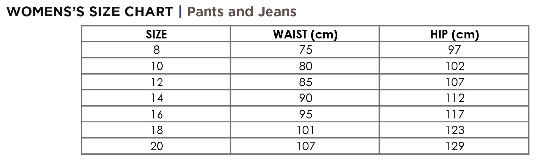 Stretch Denim Jeans Sizing Chart