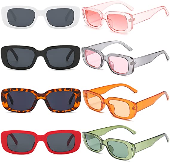 Plastic frame Plastic lens Non-Polarized UV Protection Coating coating Lens width: 6.5 centimeters Bridge: 18 millimeters Arm: 140 millimeters 8 Multi Fashionable Colors:package include 8 pack of womens rectangle sunglasses set,have 8 fashion colors available as pictures shows:black,white,red,leopard brown,clear green,clear pink,brown,clear orange,these colorful rectangular sunglasses easily go with your any outfit,whether dailywear or party,these neon sunglasses are a must have daily accessory,you will fall in love with them Premium Material:our retro stylish sunglasses for women have effective UV 400 eye protecttion,can block 100% harmful UVA, UVB rays,high quality plastic frames,high definition lens,smooth edges,sturdy construction,light in weight,all the details ensure you a comfortable experience to wear the vintage rectangle glasses Fashion Vintage Rectangle Design:our 90s unique rectangle sunglasses are both trendy and retro chic,perfect with any outfit,super cute classic look,very cool shades for women men,adults,the fun rectangle sunglasses make your stand out from the crowd,lots of compliments Widely Use:our rectangle sunglasses for women is perfect fashion accessory for outdoor activities such as shopping, driving,travelling, cycling,taking photoes,also a great party favor choise when bachelorette party,beach,pool party,summer concert,costume party,music festivals ect, the funny square frame glasses set also a great gift idea,you can share with your friends and family members,they will love the cute sunglasses