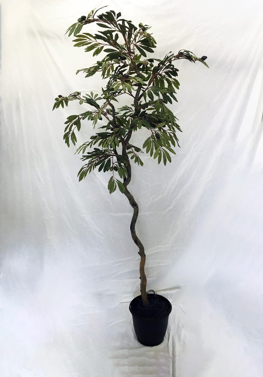 70 inch Artificial Silk Olive Tree Custom Made on Natural Wood w Black and Green Olives